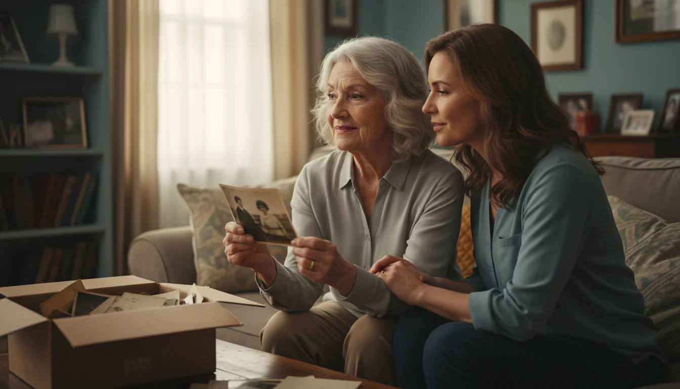 An older woman with grey hair holds a faded photo, her adult daughter listens attentively beside her, surrounded by old keepsakes.