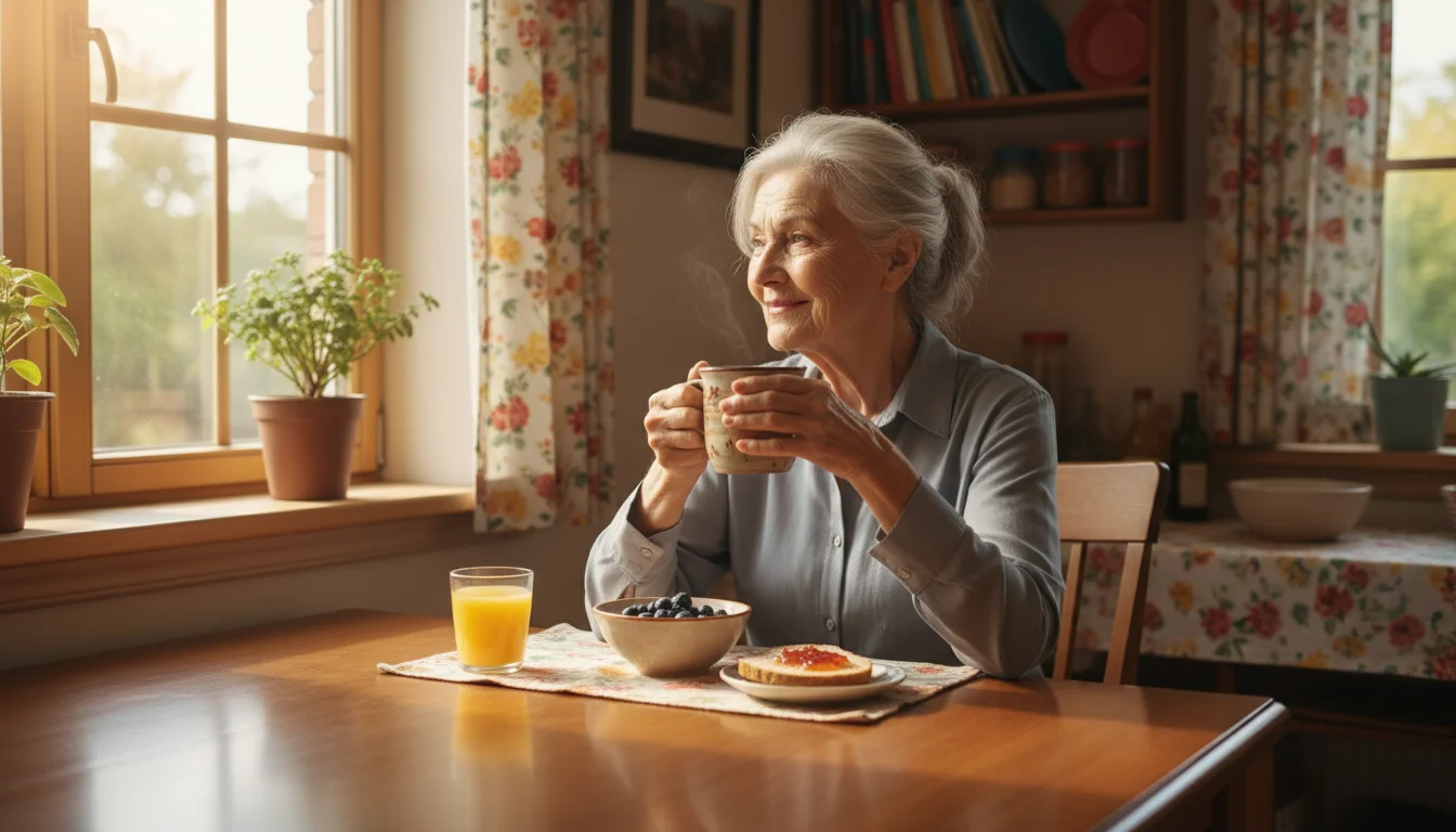 Older woman with grey hair sits at her clean kitchen table, holding a mug, looking out a window with a peaceful smile. Healthy breakfast nearby.