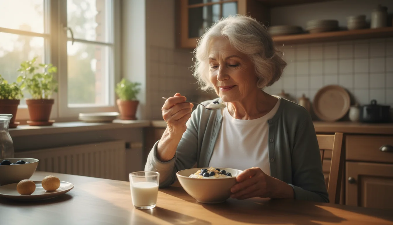 An older woman with grey hair sits at a kitchen table, smiling at a bowl of Greek yogurt with blueberries and almonds. A glass of milk is nearby.
