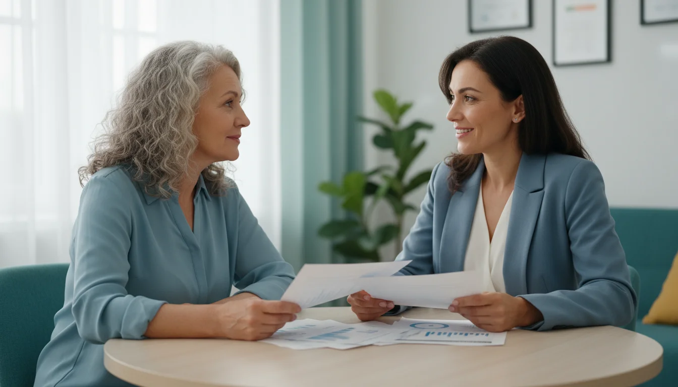 An older woman with grey hair sits at a table across from a professional credit counselor in a bright office, both looking at papers.