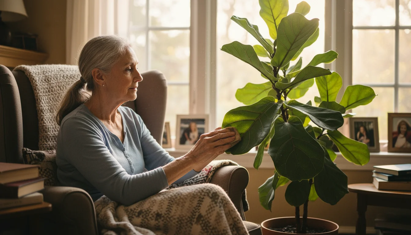 An older woman with grey hair tends a vibrant green houseplant in soft morning light by a window.