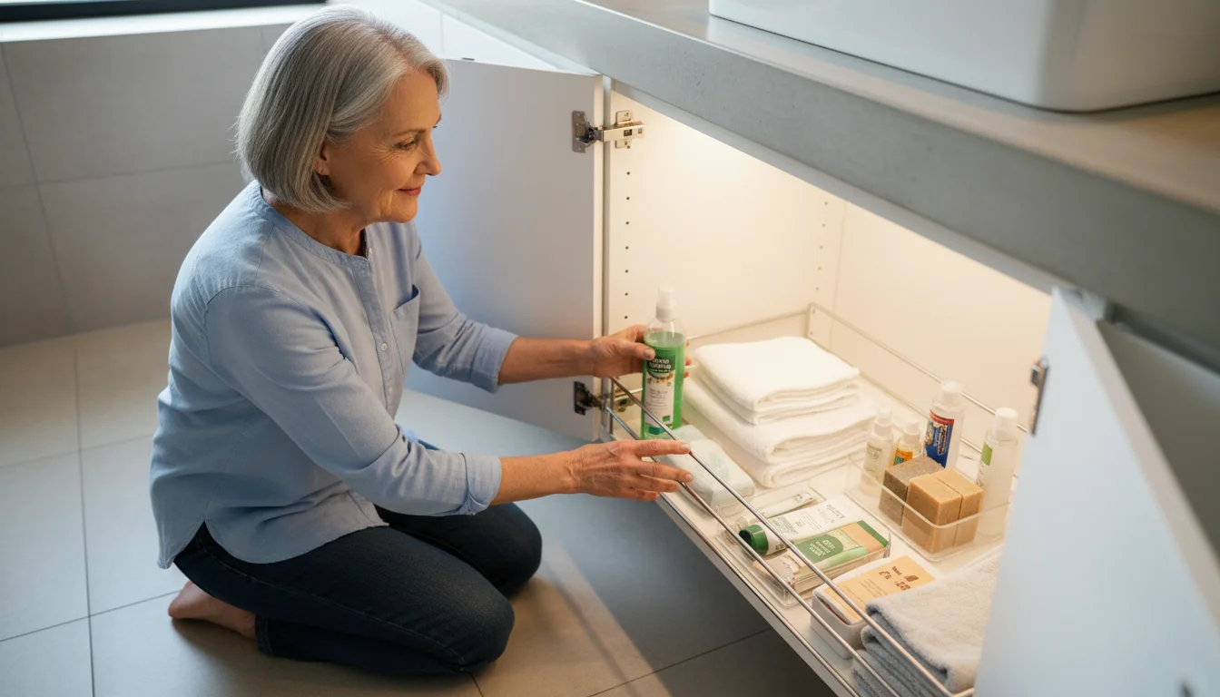 An older woman with grey hair tidily arranges cleaning supplies and toiletries on a shelf inside a bright bathroom cabinet.