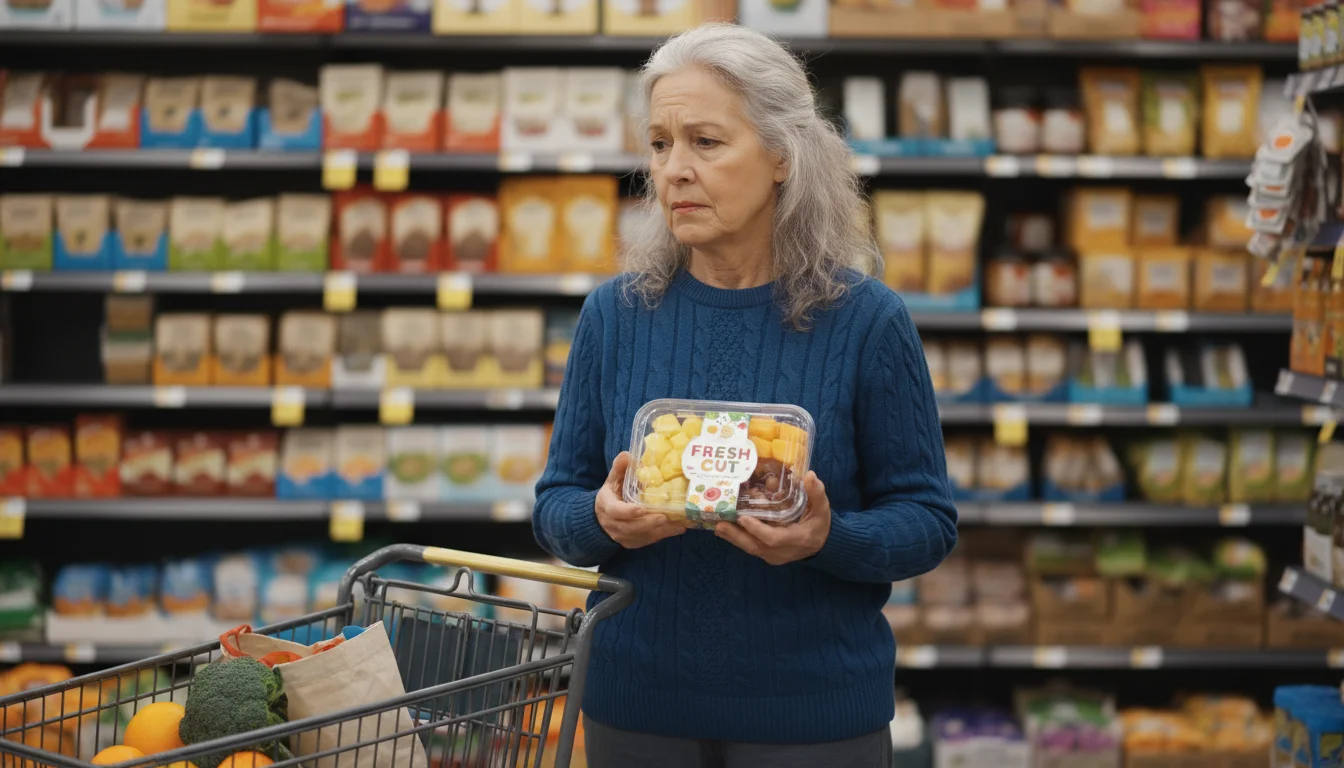 An older woman in a grocery store aisle holds a small container of pre-cut fruit, looking at it thoughtfully.