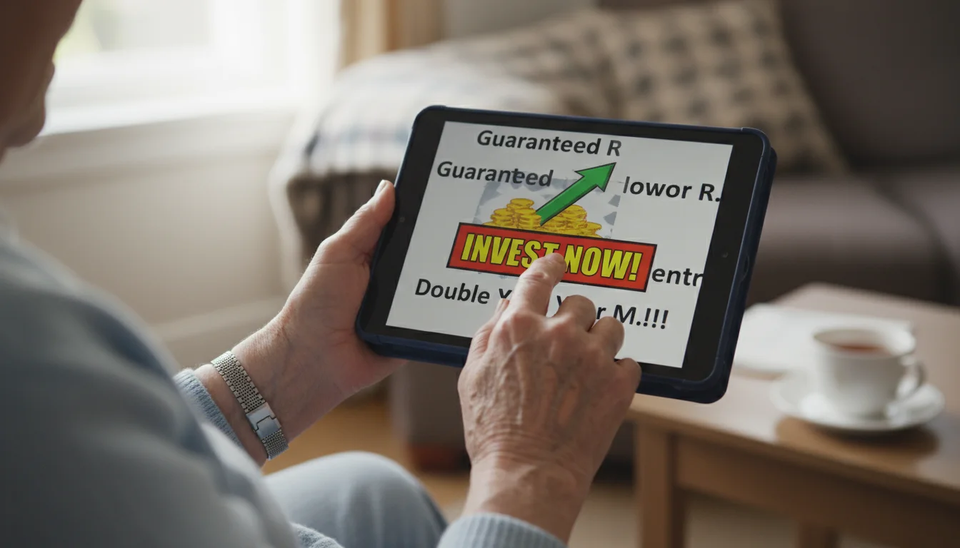 Older woman's hand hovers over a tablet screen displaying a flashy, 