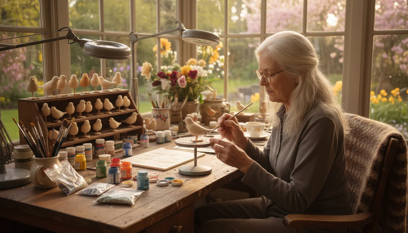 An older woman hand-painting a small wooden bird on a sunlit workbench, surrounded by other finished crafts in her home.