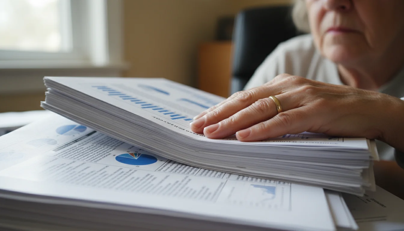 An older woman's hand rests on dense financial documents, while another hand points to complex text, showing her confusion.