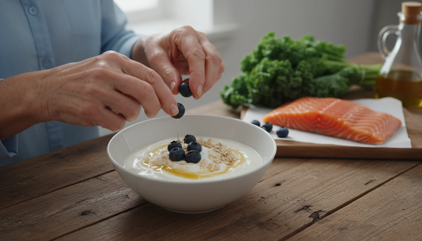Older woman's hands add blueberries to a breakfast bowl on a kitchen counter. Fresh kale, salmon, and olive oil are in the soft background.