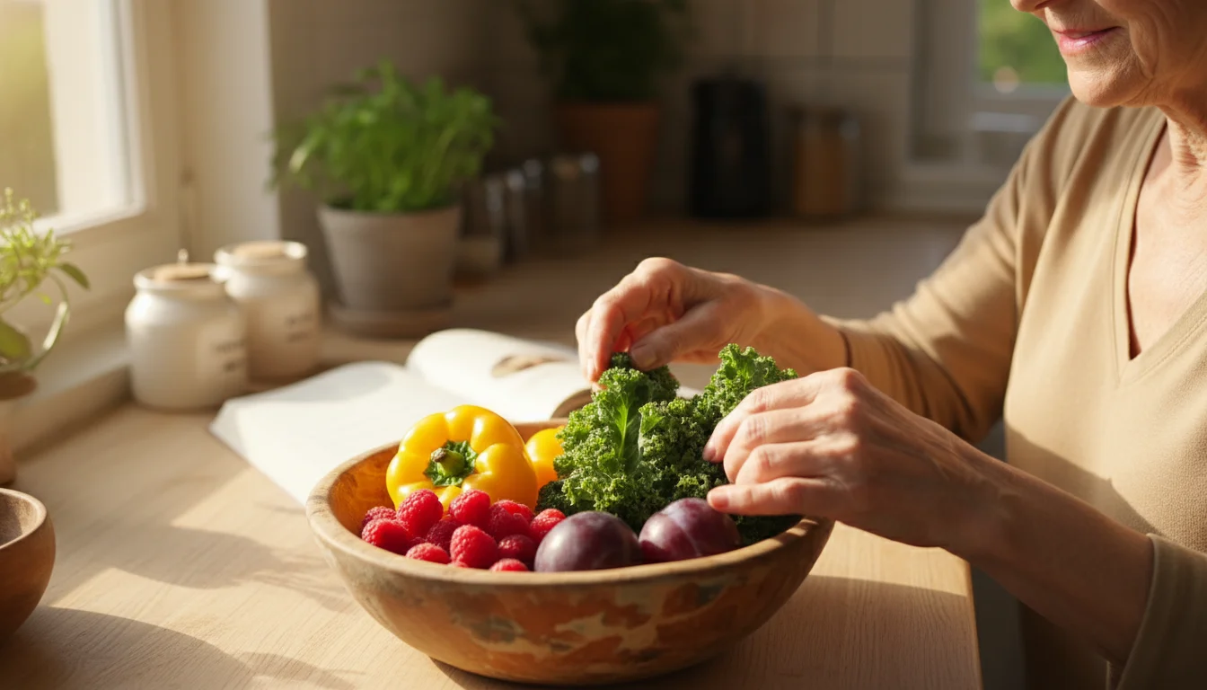 An older woman's hands arrange colorful fresh fruits and vegetables into a wooden bowl on a counter.