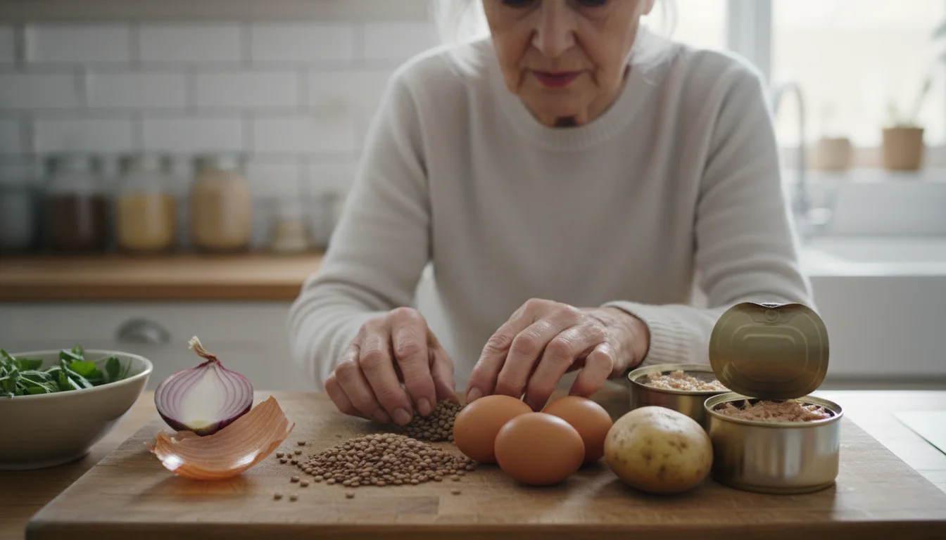 Older woman's hands arranging budget staples like lentils, eggs, tuna, and potatoes on a kitchen counter.