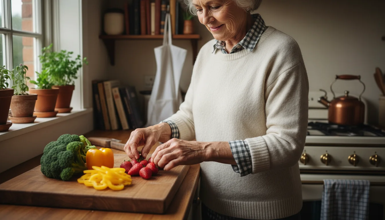 Older woman's hands arranging colorful bell peppers, broccoli, and strawberries on a wooden cutting board in a kitchen.