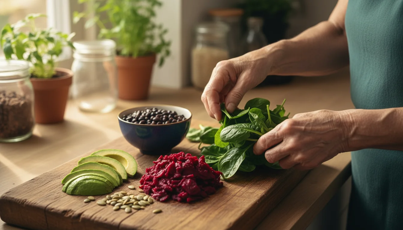 Older woman's hands gently arranging fresh spinach on a wooden board with avocado, black beans, almonds, cashews, and red bell pepper.