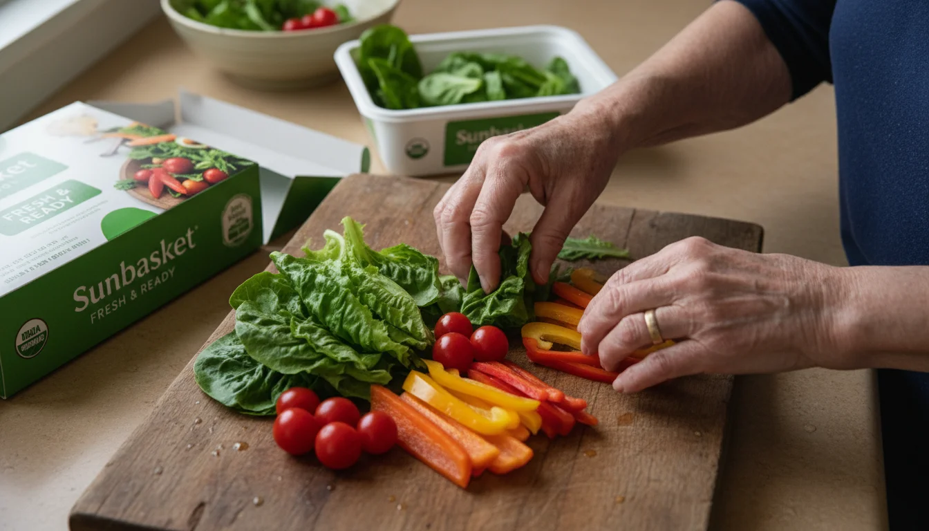 Older woman's hands arranging organic vegetables on a wooden board. A Fresh & Ready meal container is nearby.