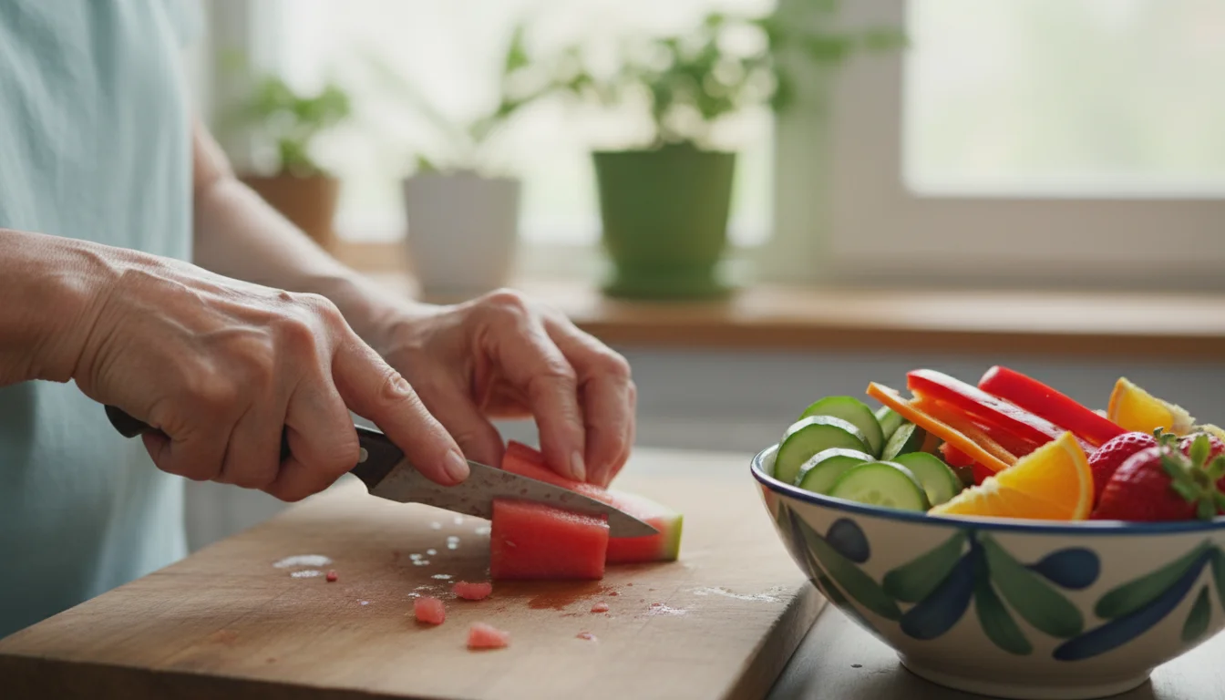 Older woman's hands cutting watermelon on a wooden board, with cucumber, bell pepper, strawberries, and oranges nearby.