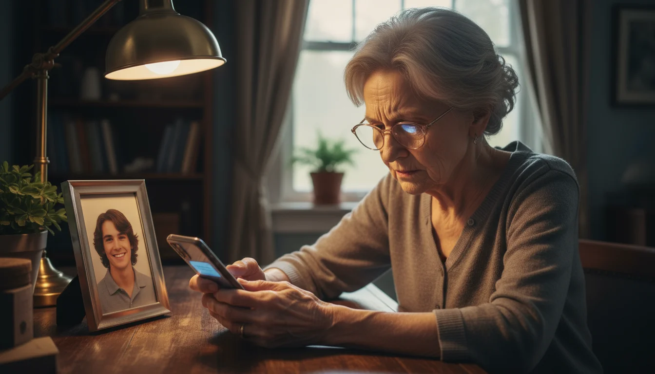 Older woman's hands on a desk, one holding a smartphone showing a message, near a framed photo of a young adult.