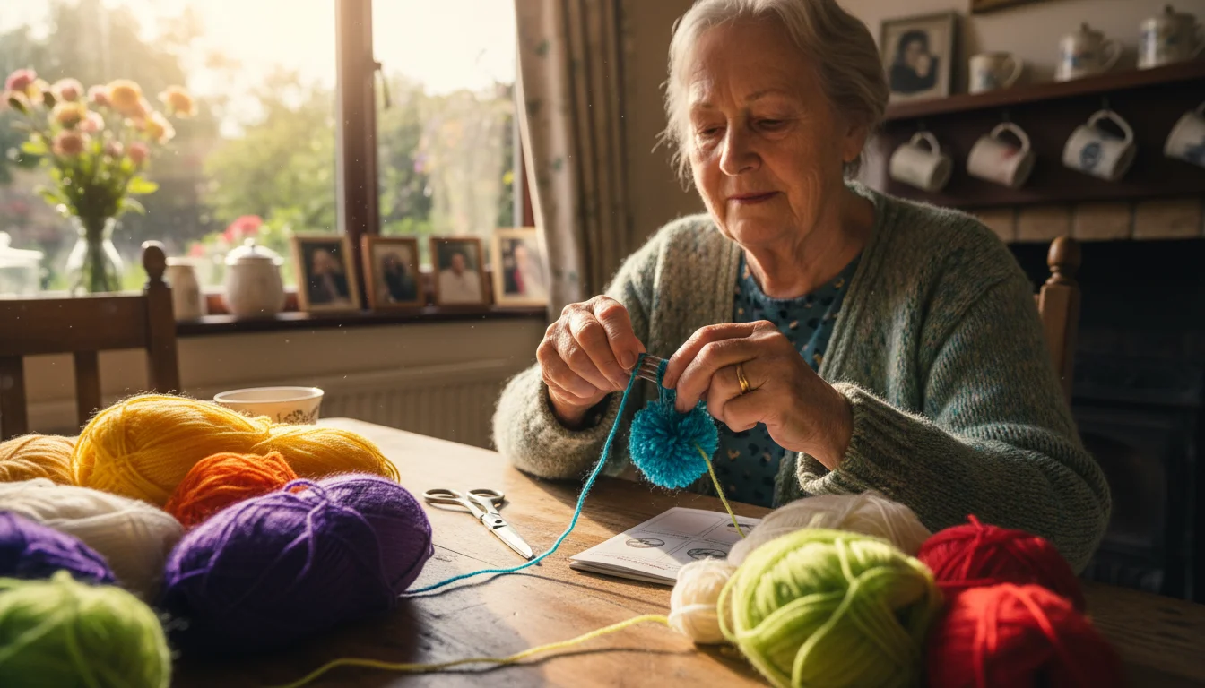 An older woman's hands expertly wrap blue yarn around a fork to make a pom-pom. Colorful yarn balls and a partially wrapped wreath are on the table.
