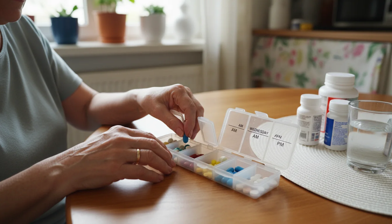 Older woman's hands carefully filling a weekly pill organizer with various medications on a wooden table, a handwritten list nearby.