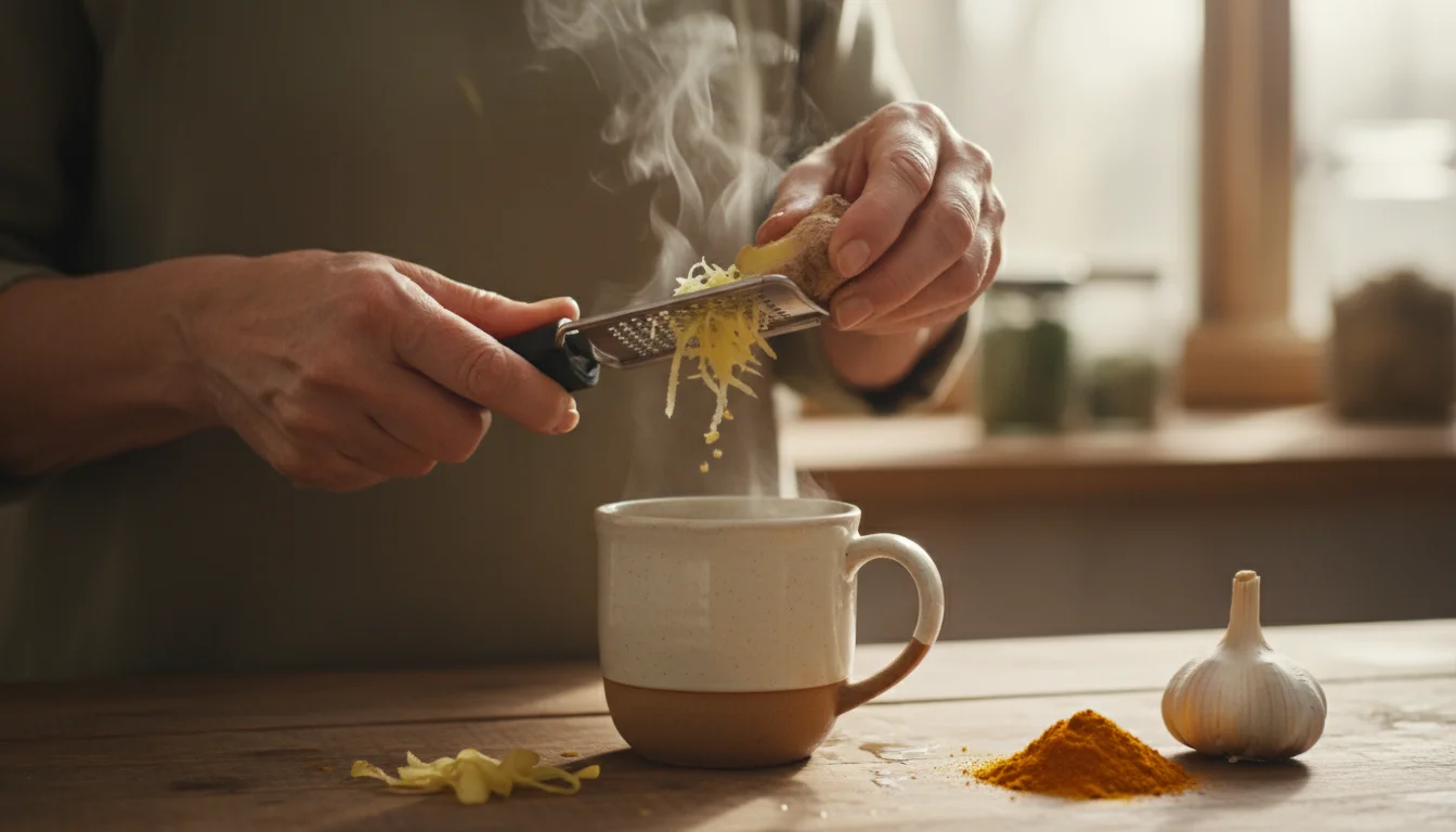 Close-up of an older woman's hands grating fresh ginger into a mug, with turmeric powder and garlic cloves on a wooden counter.