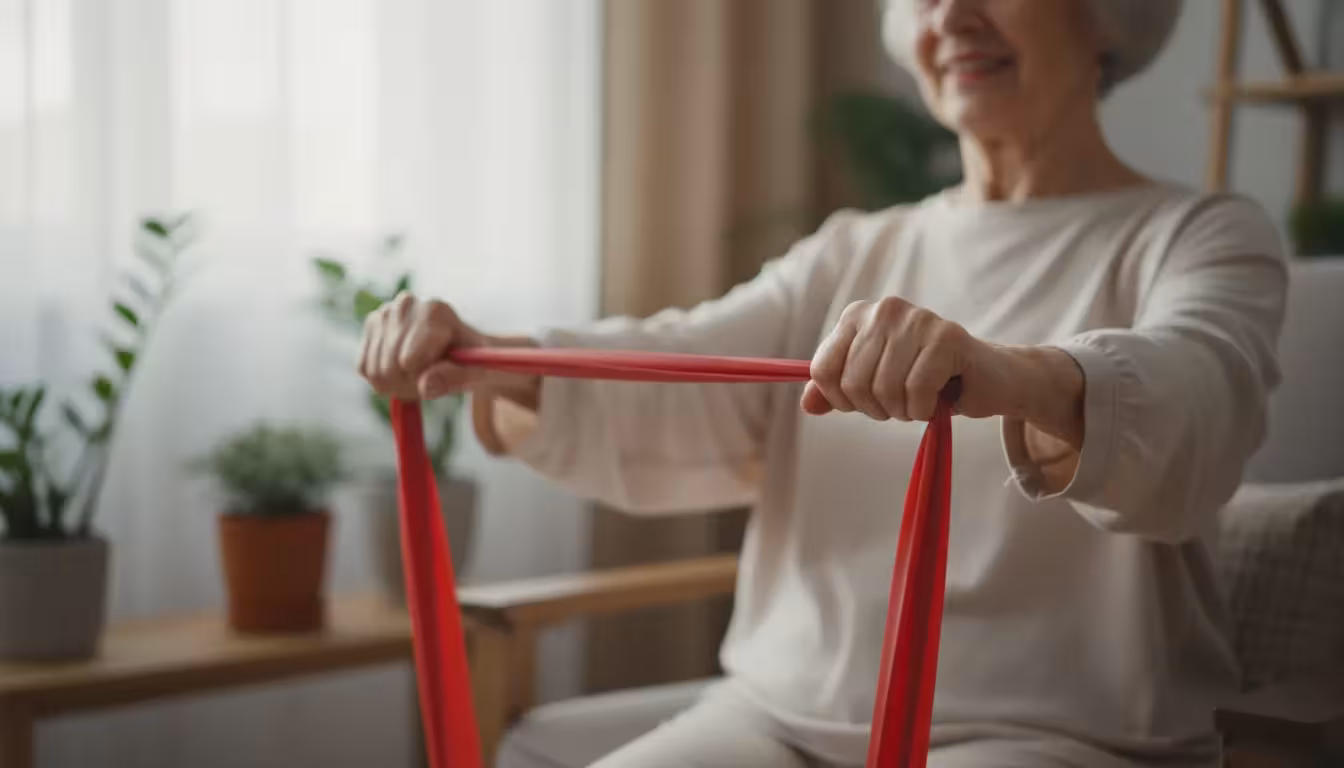 Older woman's hands grip a red resistance band during a seated row, the band taut around her feet.