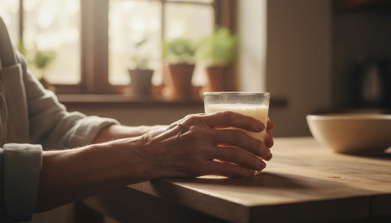 An older woman's hands gently hold a glass of milk on a wooden table, with soft light from a window.