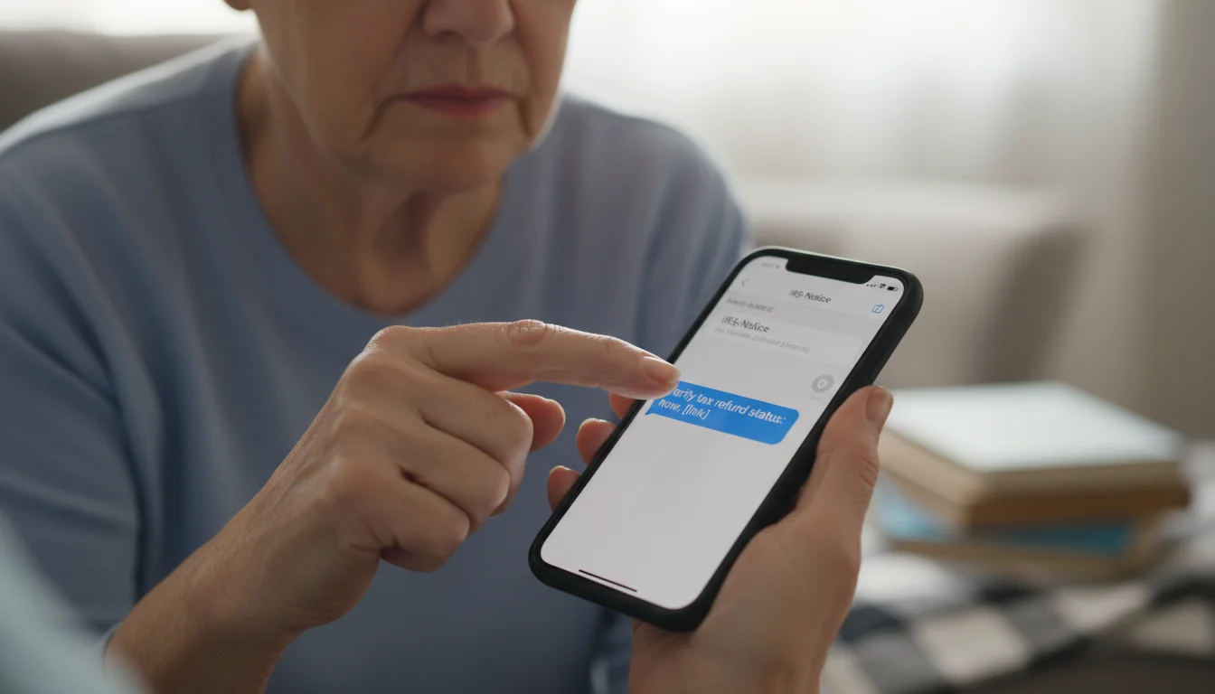 Older woman's hands hold a smartphone displaying a suspicious IRS text message link. Her thumb hovers, showing hesitation.