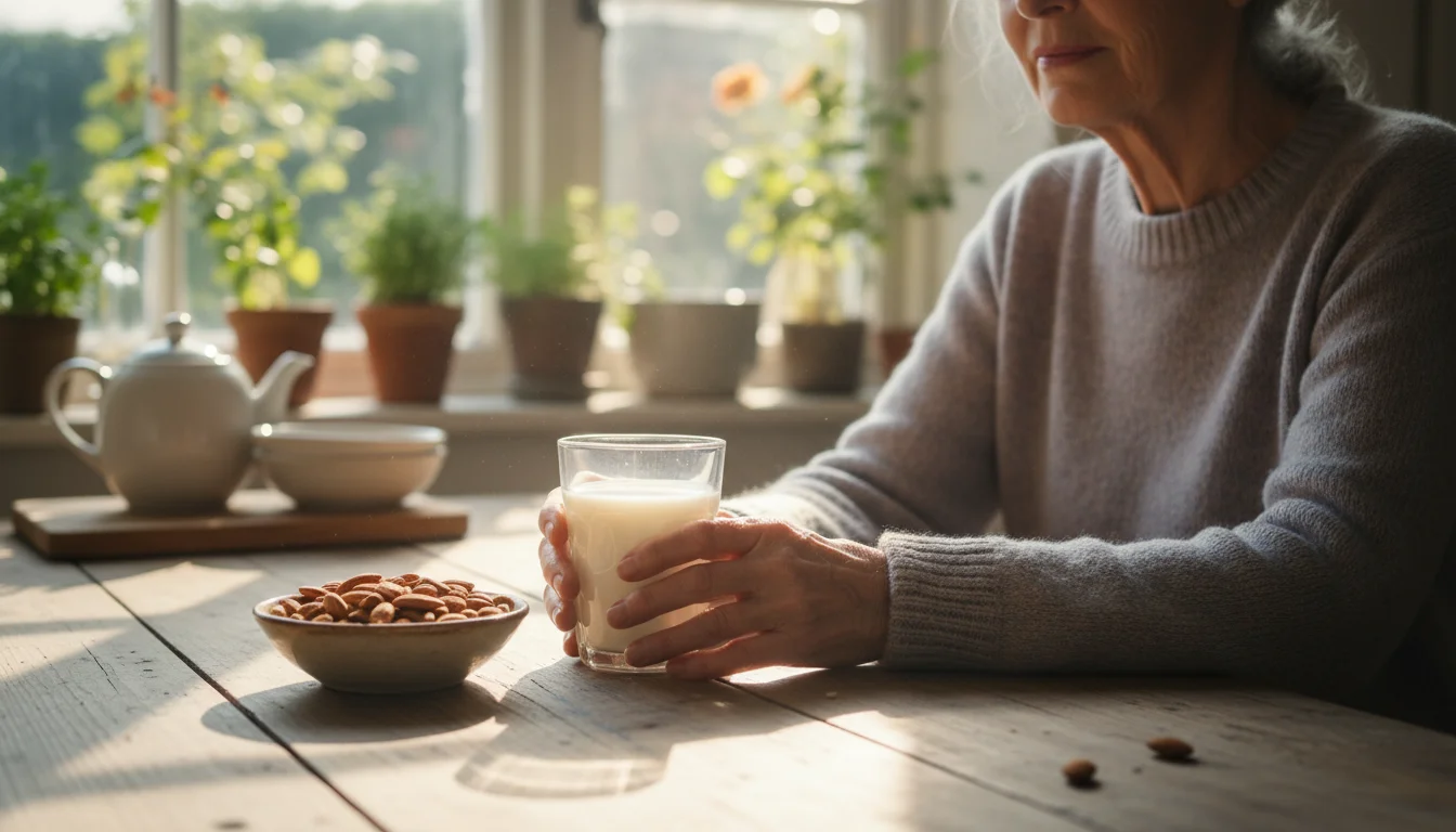 Older woman's hands gently holding a glass of fortified almond milk on a table with almonds, sunlit by a window.