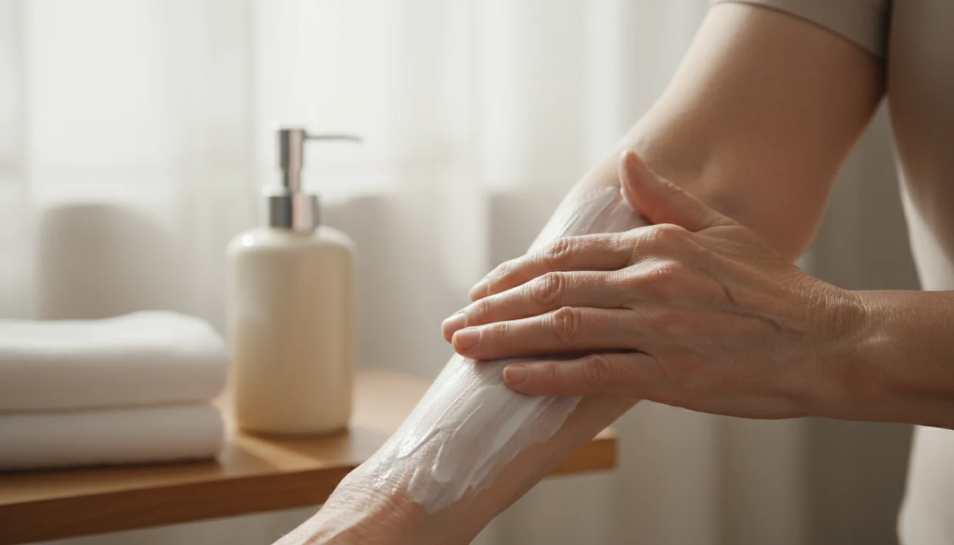Older woman's hands gently massaging thick white cream into her forearm, revealing hydrated skin.