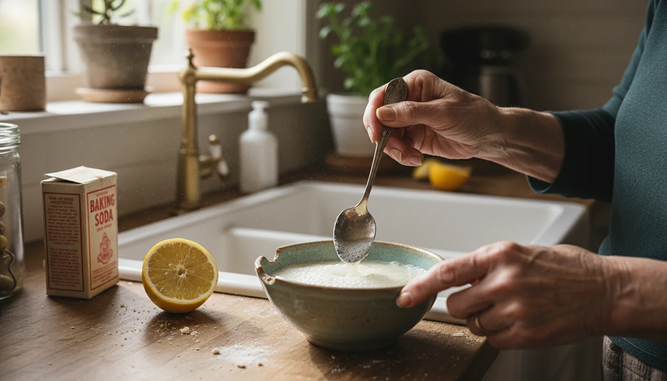 Older woman's hands mixing lemon juice and baking soda in a bowl on a kitchen counter next to a sink.