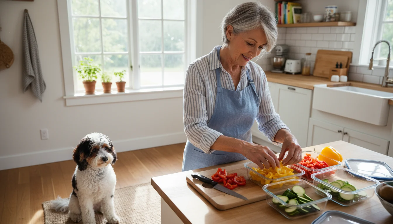 An older woman's hands organize freshly chopped vegetables into clear containers on a kitchen counter, with quinoa and boiled eggs nearby.