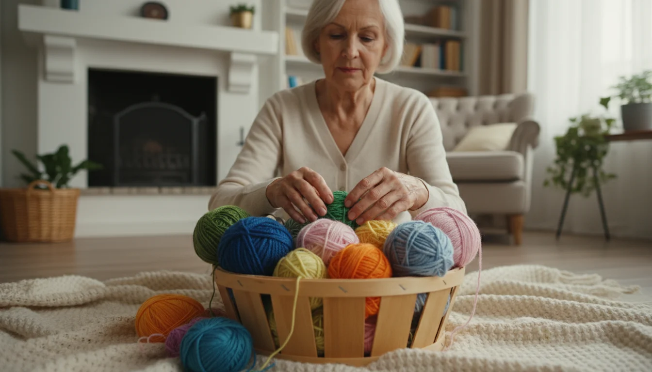 An older woman's hands carefully place colorful, varied yarn balls into a wooden basket.