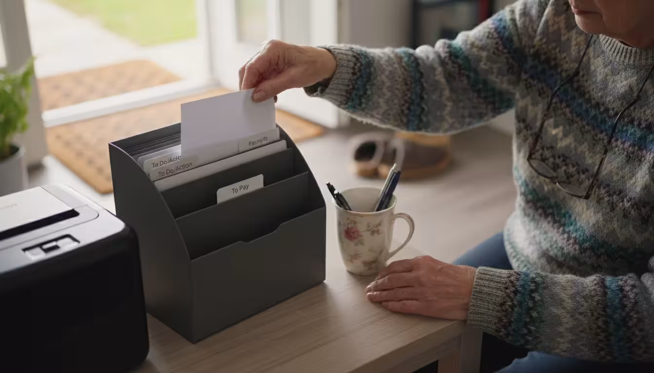 Older woman's hands place a letter into a 'To Pay' file slot on a table. Upright sorter has 'To Do/Action' and 'To File' slots. Shredder nearby.
