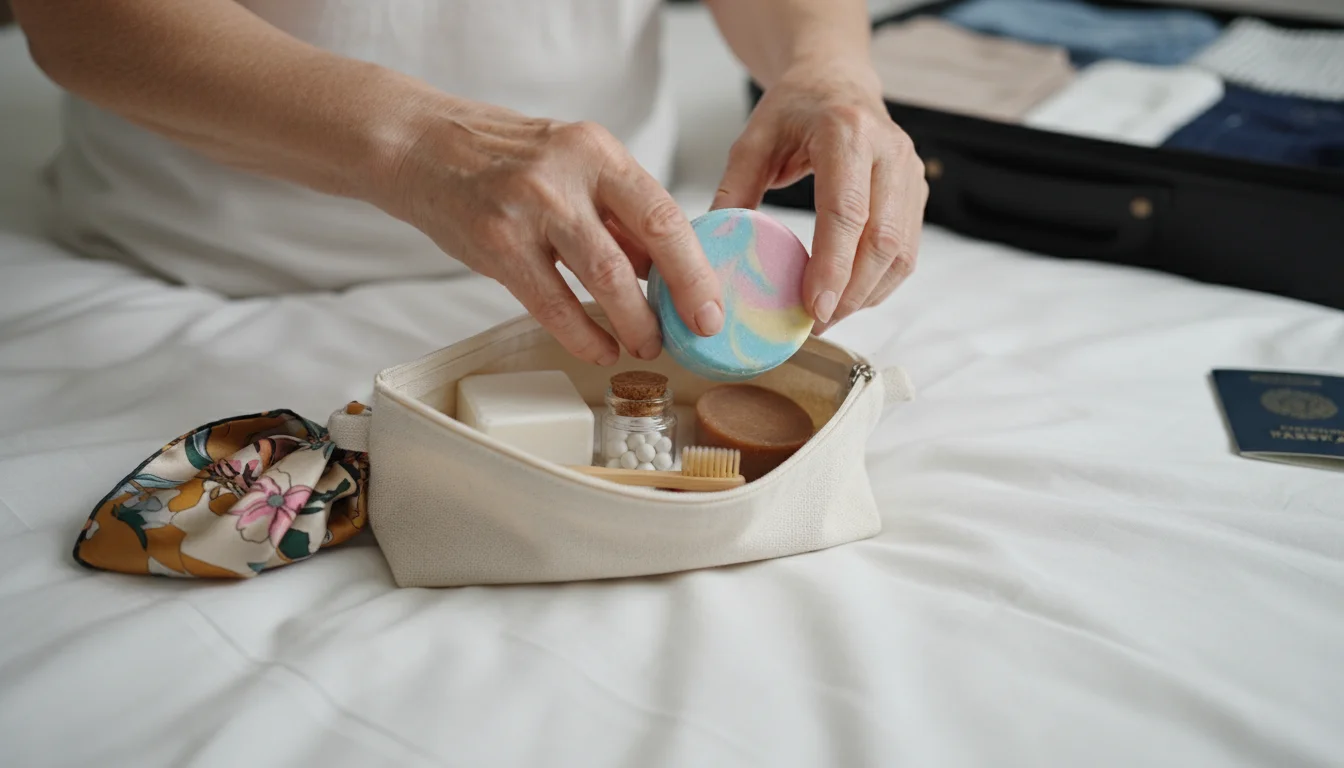 Close-up of an older woman's hands placing a colorful solid shampoo bar into a compact travel toiletry bag, with an empty liquid bottle discarded near