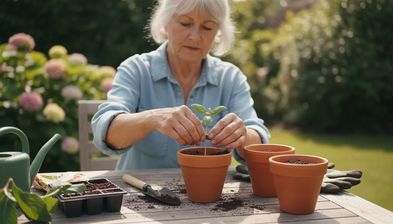 Older woman's hands gently planting a small herb seedling into a terracotta pot on a wooden table with a few other pots.