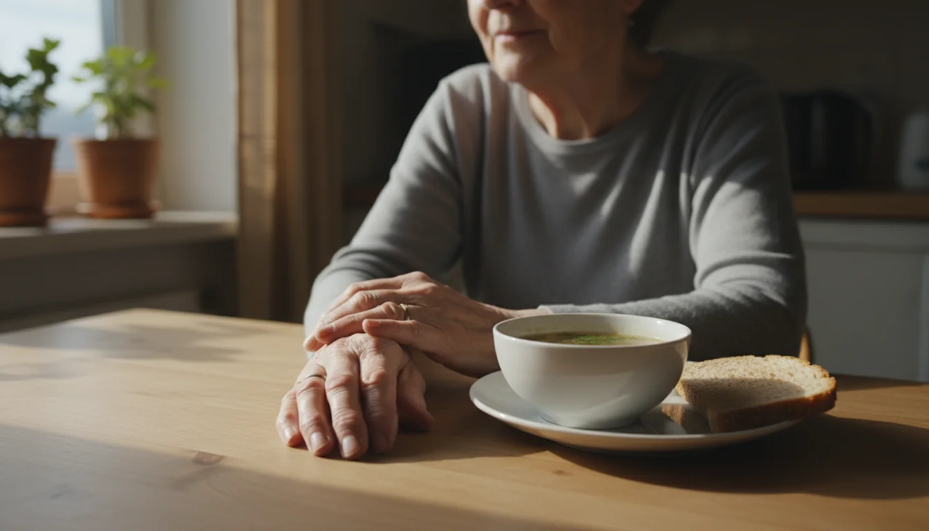An older woman's hands rest on a wooden table beside a small bowl of soup and toast, her gaze distant from the food.
