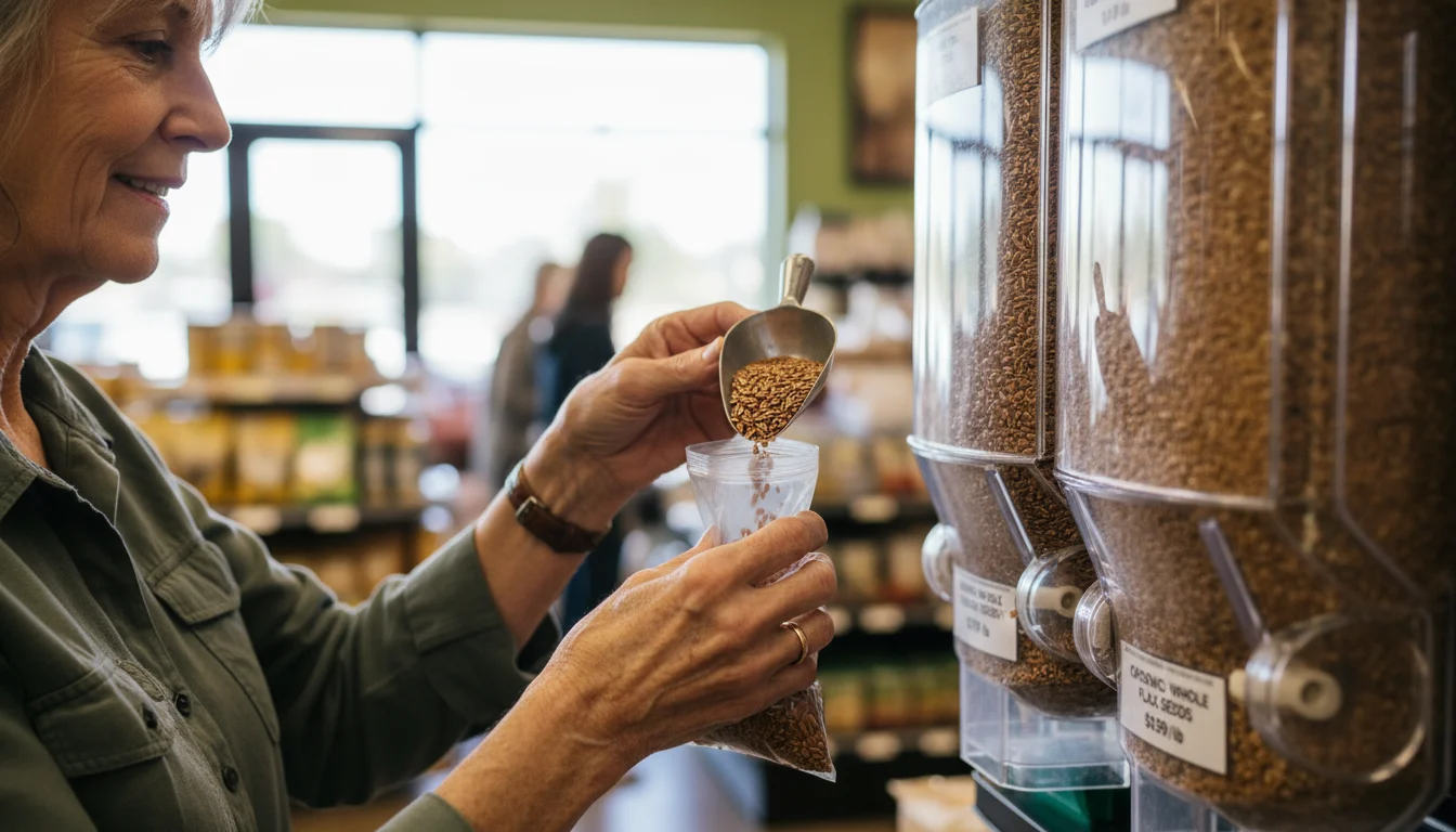 Older woman's hands scooping golden flax seeds from a clear bulk bin into a small plastic bag.