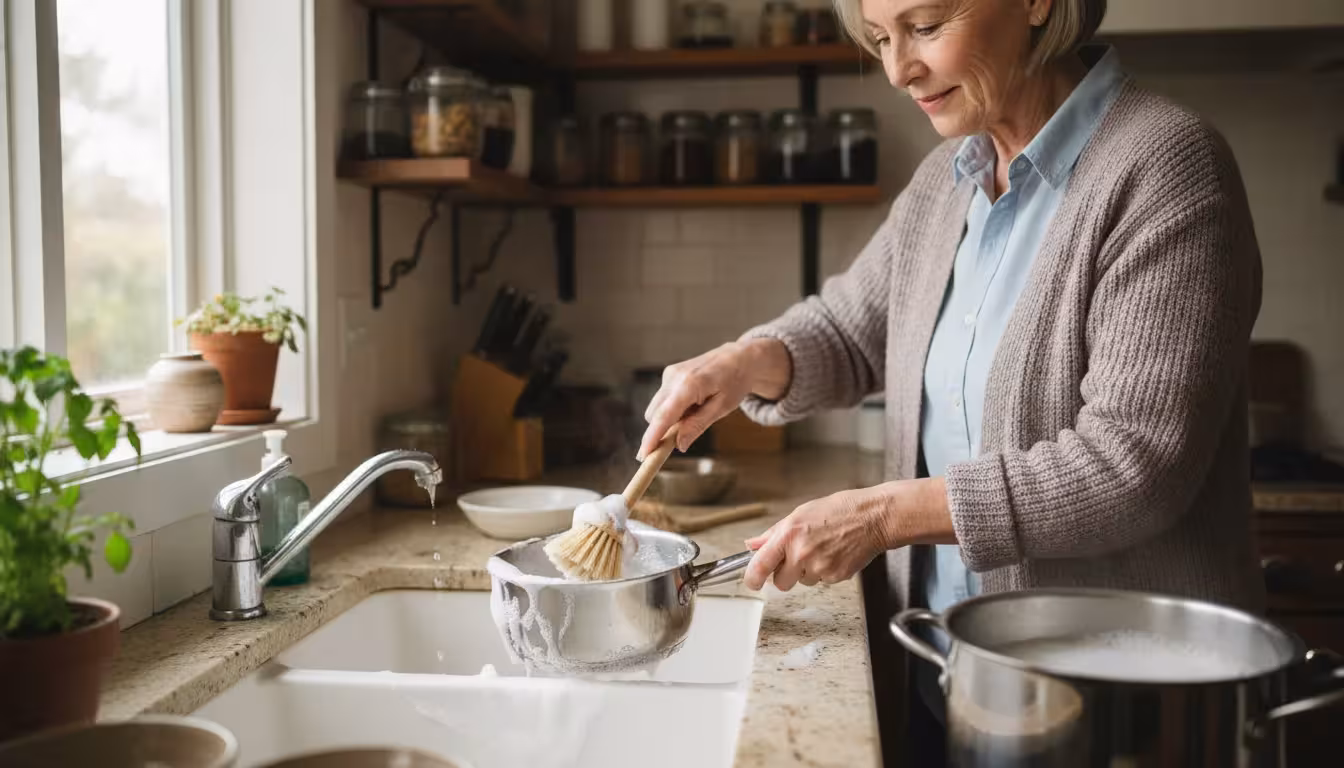An older woman's hands scrub a pot with a dish brush in a sudsy sink, another pot soaking nearby.