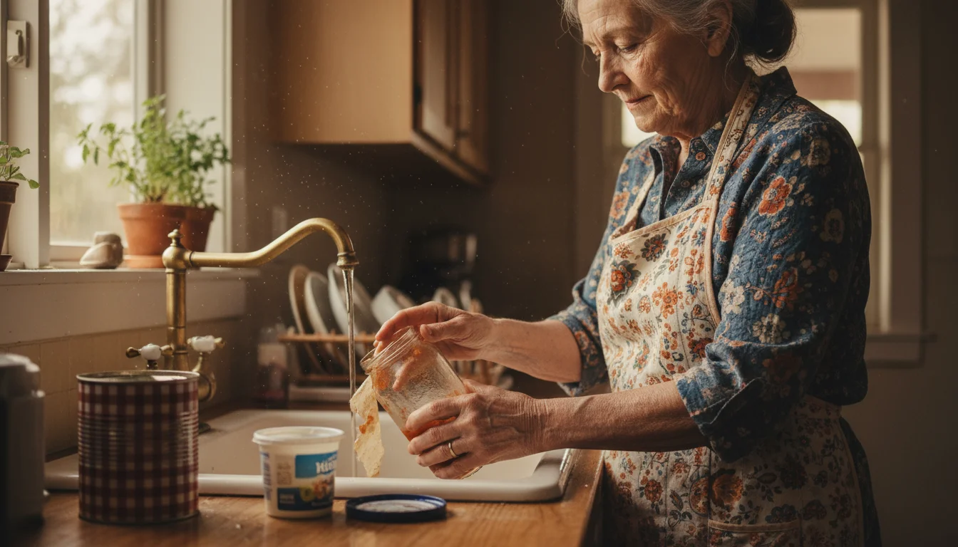 Older woman's hands scrubbing an empty glass jar under running water, removing a label. An empty coffee can and plastic container sit nearby on the co