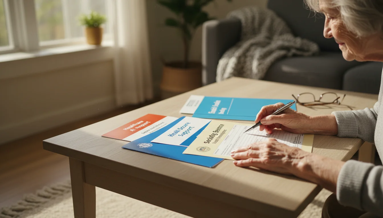 Older woman's hands sorting government assistance program brochures on a coffee table in a sunlit living room.