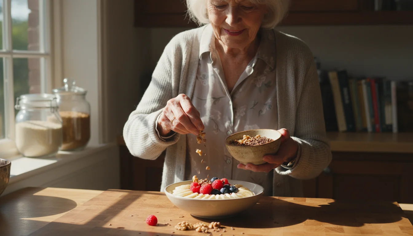 An older woman's hands sprinkle chopped walnuts and flaxseeds onto a breakfast bowl of oatmeal and fruit.