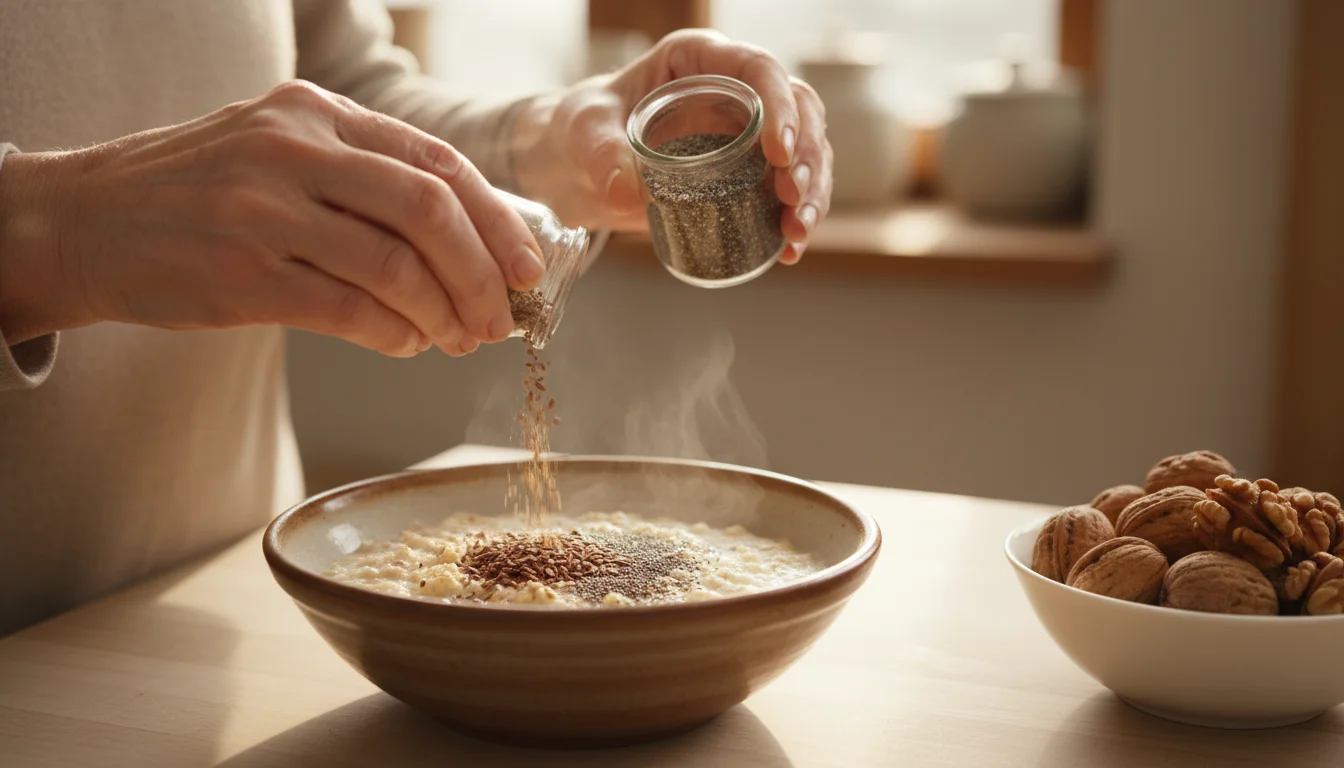 Older woman's hands sprinkling ground flaxseeds and chia seeds into a bowl of oatmeal, with walnuts visible nearby.