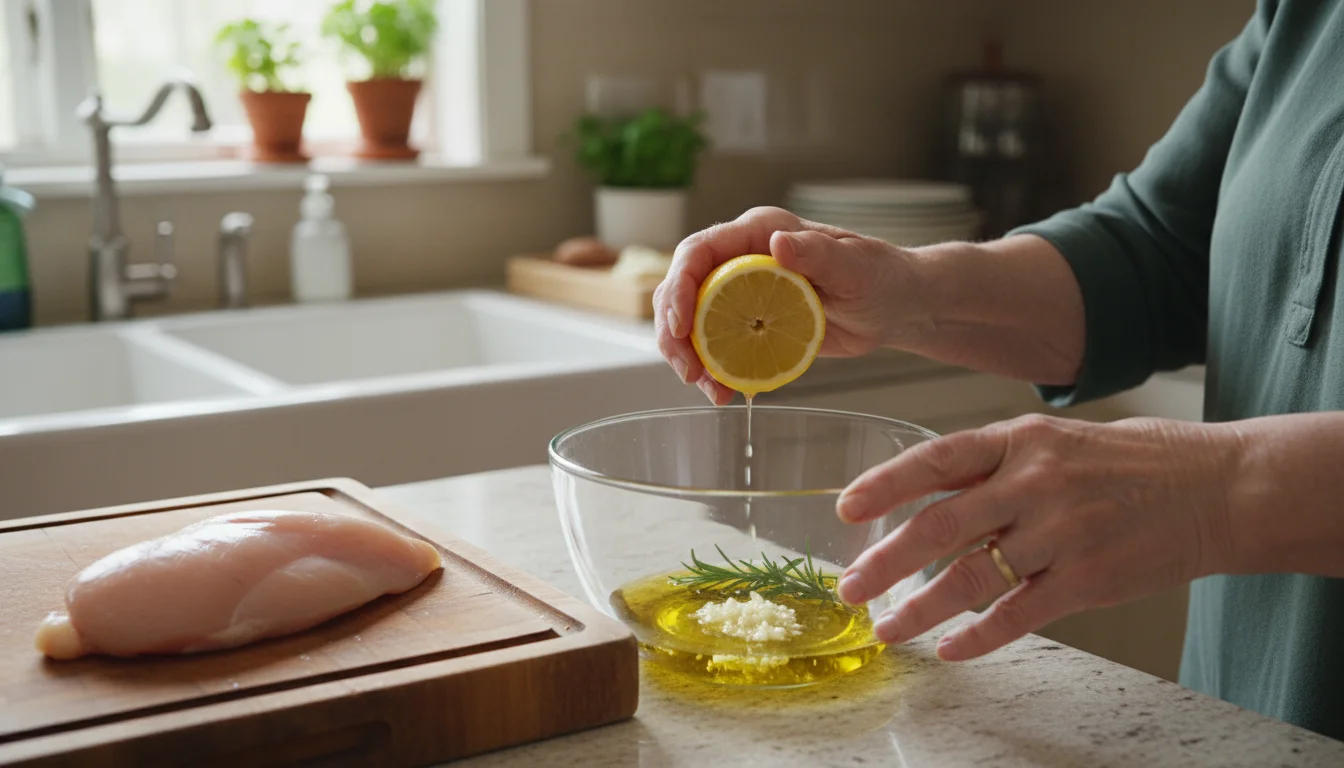 An older woman's hands squeeze a lemon into a bowl of marinade ingredients with a raw chicken breast nearby in a home kitchen.