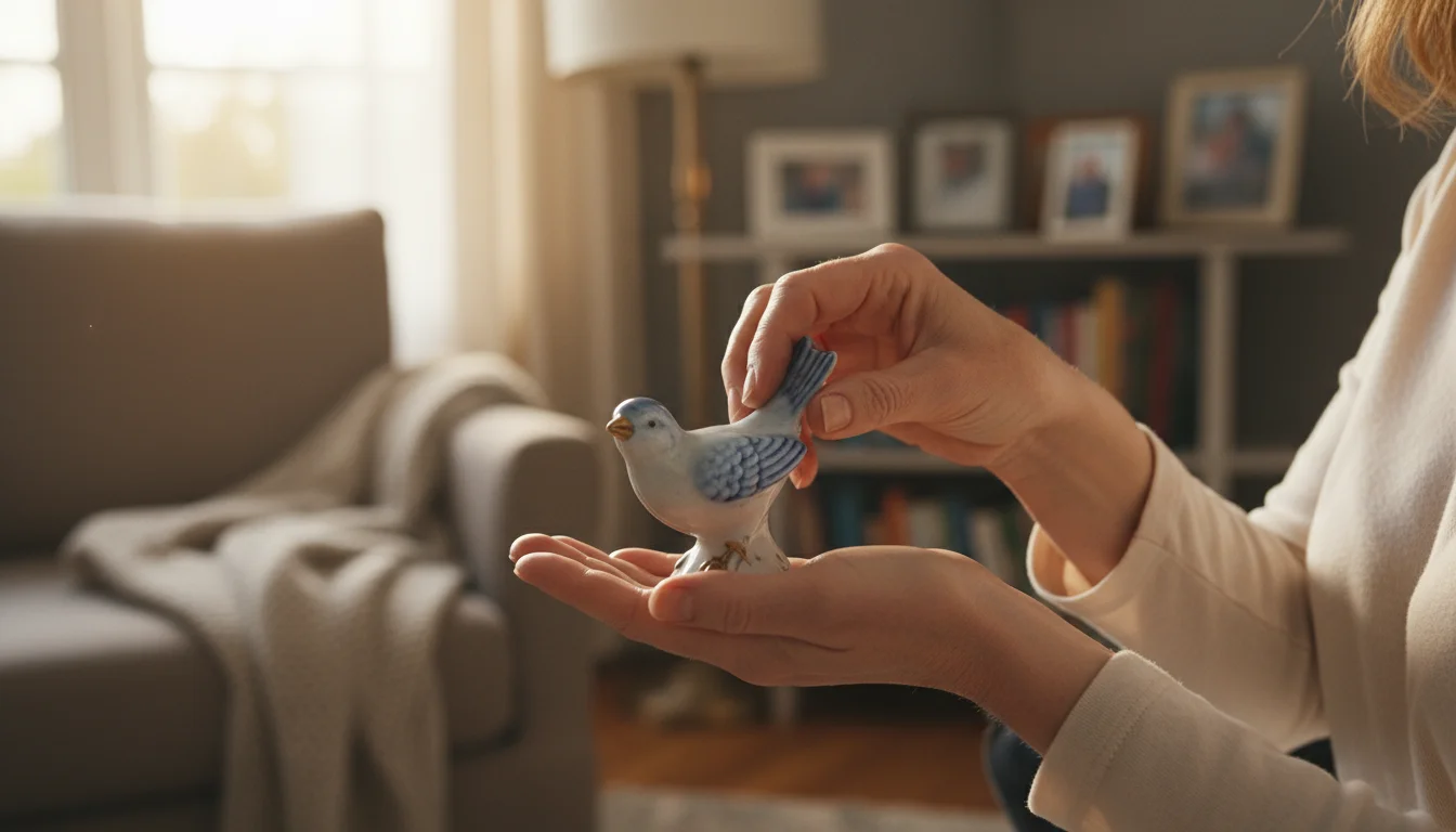 Older woman's hands tenderly place a vintage porcelain bird into her adult daughter's open hands in a cozy living room.