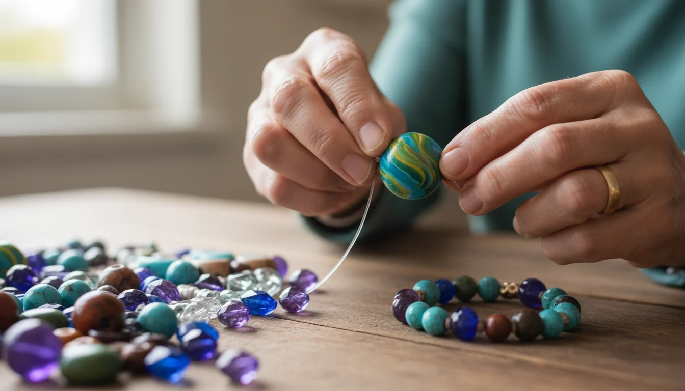 Close-up of an older woman's hands carefully threading a vibrant, large wooden bead onto an elastic cord, surrounded by colorful beads on a table.