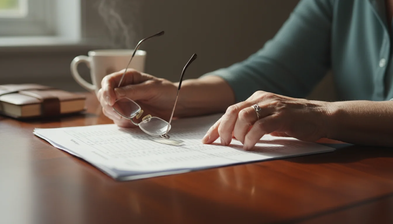 Close-up of an older woman's hands tracing lines on a financial statement on a wooden table, with reading glasses nearby and a coffee mug in the backg