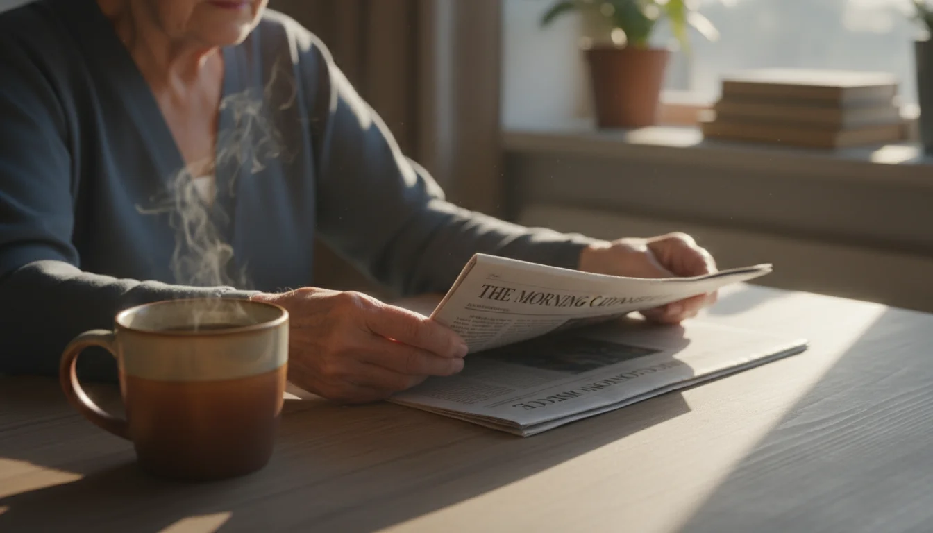 Older woman's hands turning a newspaper page on a wooden table, next to a steaming tea mug in soft morning light.