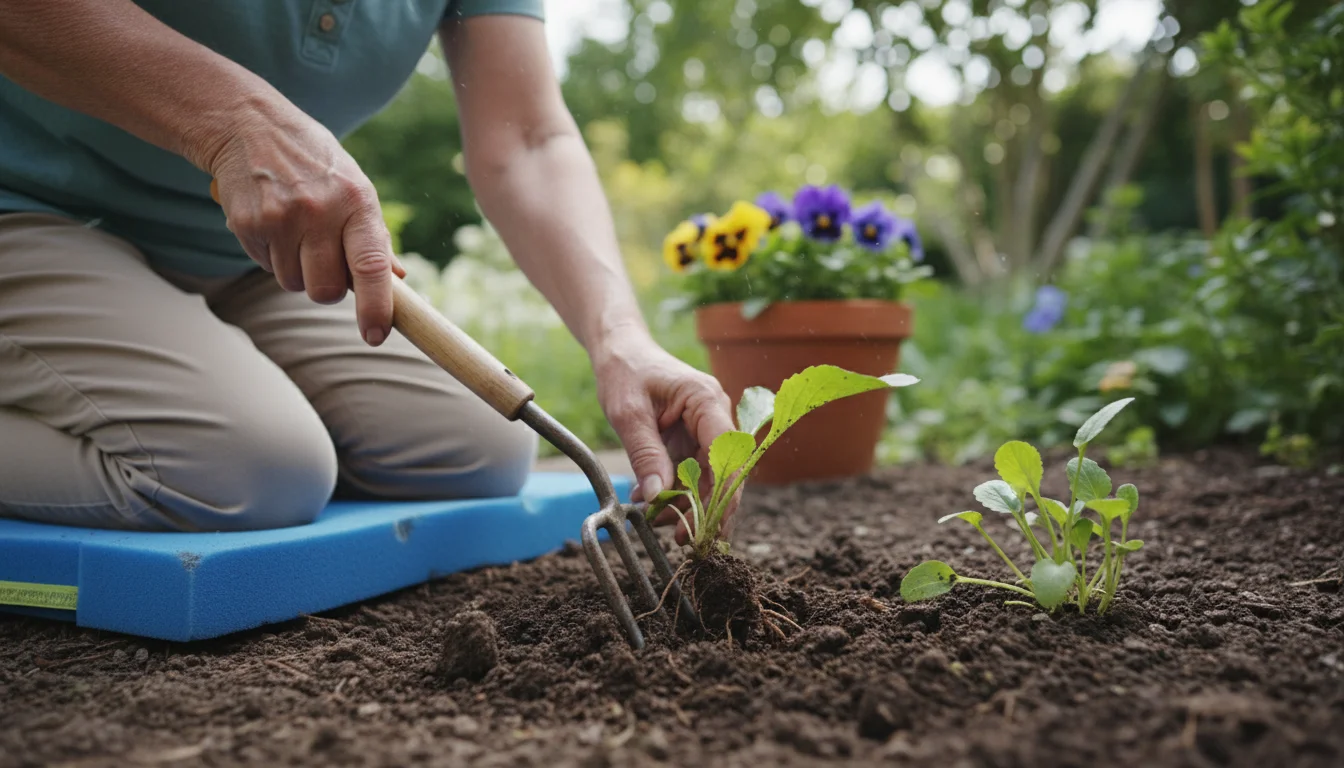 Older woman's hands using a long-handled weeding tool on rich soil, kneeling on a blue cushioned gardening stool.