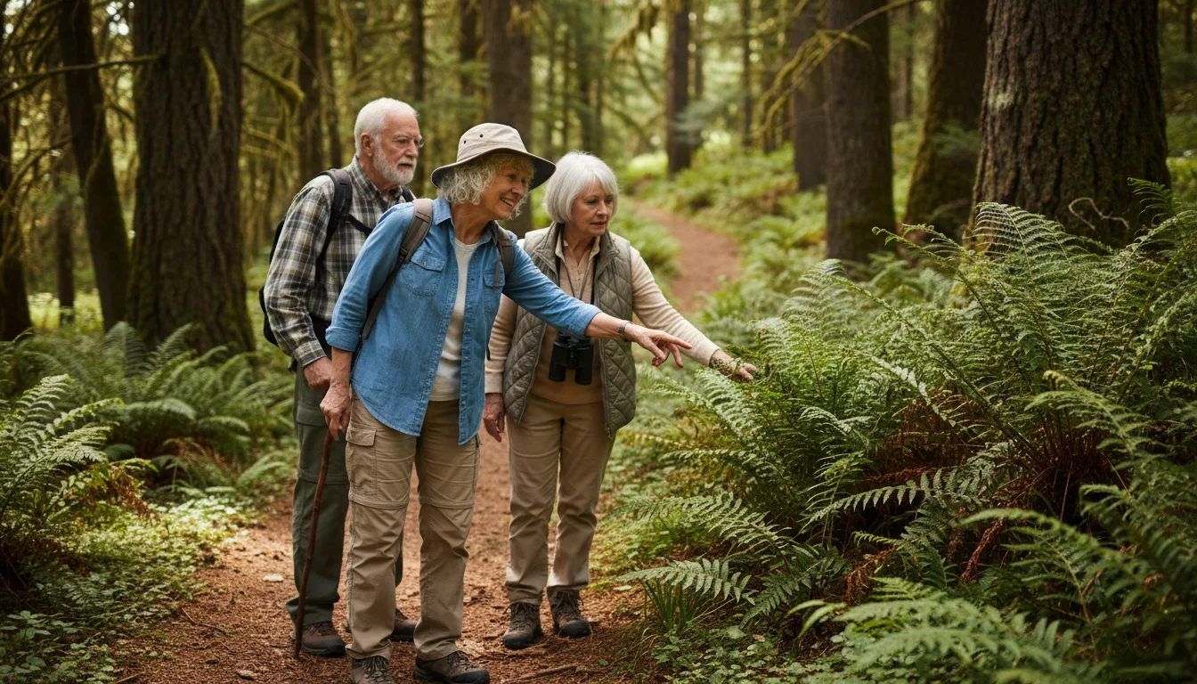 An older woman in a hat points to plants on a forest trail, explaining something to a small group of attentive older adults.