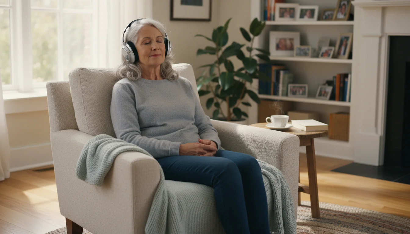 An older woman in headphones sits relaxed in a comfortable armchair in a bright, clear room, enjoying music. Floor is free of hazards.