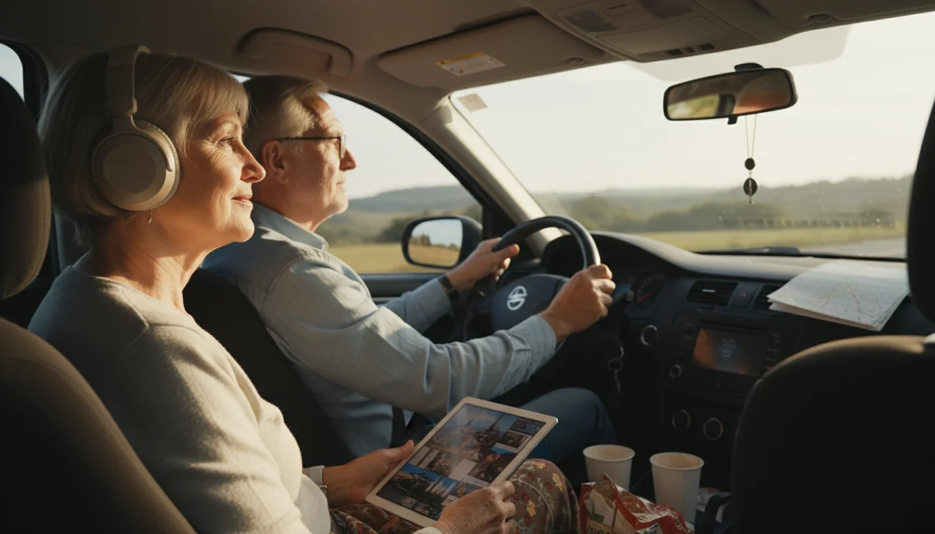 An older woman with headphones and a tablet in a car's passenger seat, while an older man drives beside her.