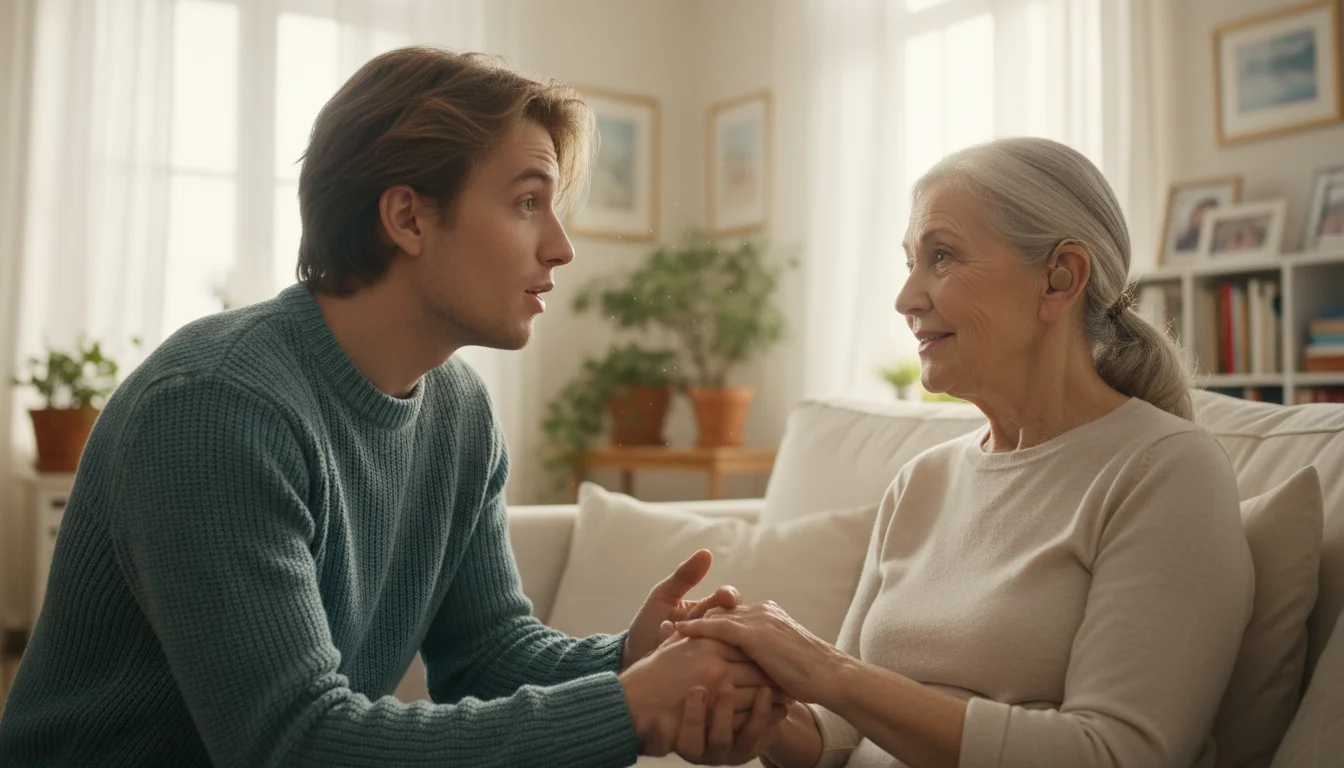 An older woman with hearing aids looks attentively at a young adult who is speaking clearly to her in a warm living room.