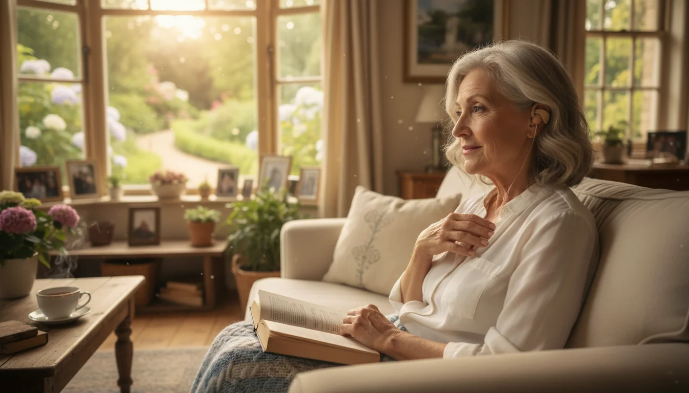 An older woman with hearing aids sits on a sofa in a sunlit living room, looking calmly out a window.
